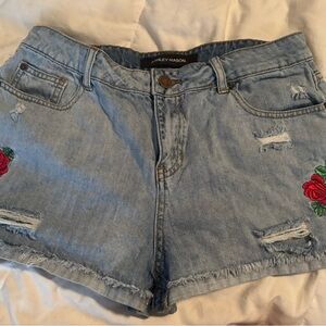 Ashley Mason Blue and Red Jean Shorts with Rose Embroidery
